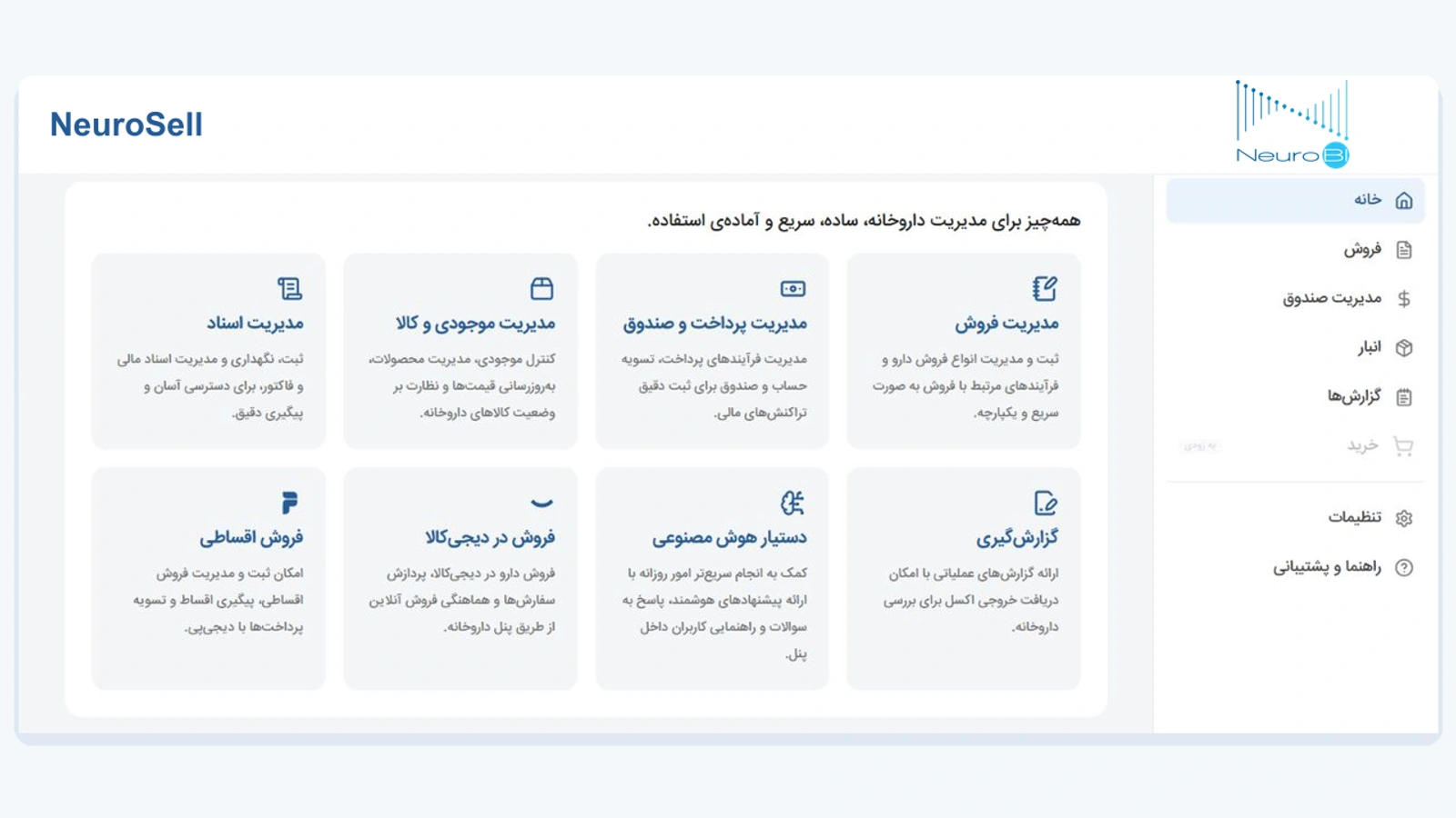 نمای معرفی امکانات NeuroSell شامل مدیریت فروش، پرداخت، موجودی، اسناد، گزارش‌گیری و دستیار هوش مصنوعی